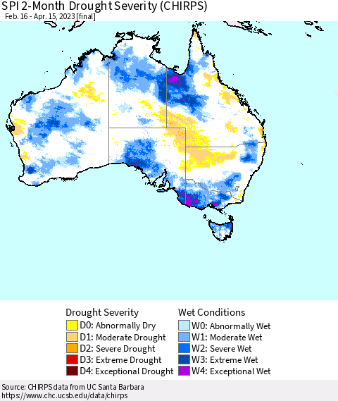 Australia SPI 2-Month Drought Severity (CHIRPS) Thematic Map For 2/16/2023 - 4/15/2023
