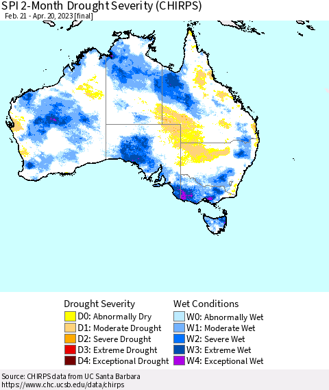 Australia SPI 2-Month Drought Severity (CHIRPS) Thematic Map For 2/21/2023 - 4/20/2023