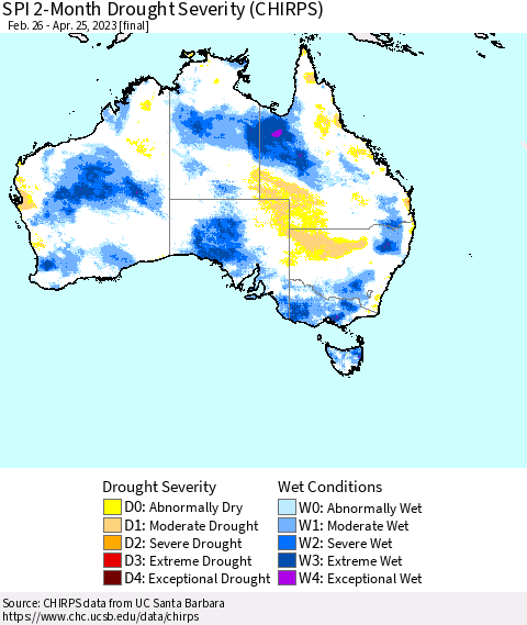 Australia SPI 2-Month Drought Severity (CHIRPS) Thematic Map For 2/26/2023 - 4/25/2023