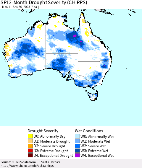 Australia SPI 2-Month Drought Severity (CHIRPS) Thematic Map For 3/1/2023 - 4/30/2023