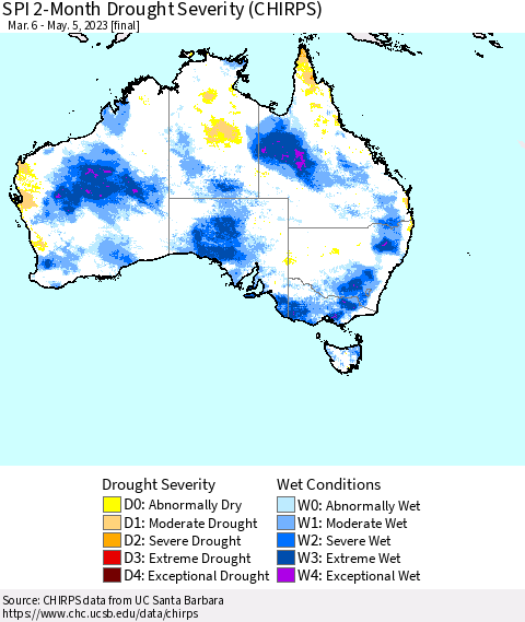 Australia SPI 2-Month Drought Severity (CHIRPS) Thematic Map For 3/6/2023 - 5/5/2023