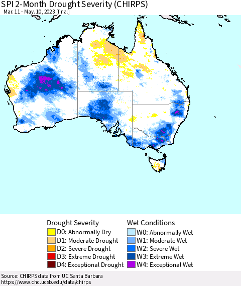 Australia SPI 2-Month Drought Severity (CHIRPS) Thematic Map For 3/11/2023 - 5/10/2023