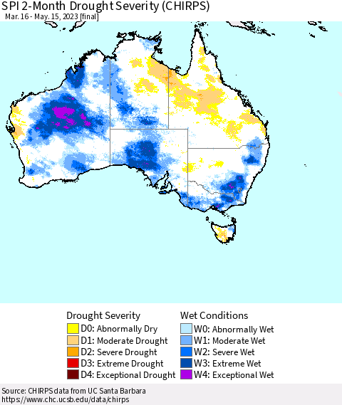 Australia SPI 2-Month Drought Severity (CHIRPS) Thematic Map For 3/16/2023 - 5/15/2023
