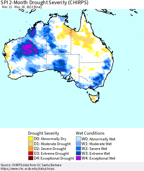 Australia SPI 2-Month Drought Severity (CHIRPS) Thematic Map For 3/21/2023 - 5/20/2023