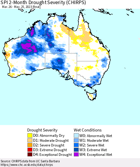 Australia SPI 2-Month Drought Severity (CHIRPS) Thematic Map For 3/26/2023 - 5/25/2023