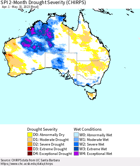 Australia SPI 2-Month Drought Severity (CHIRPS) Thematic Map For 4/1/2023 - 5/31/2023
