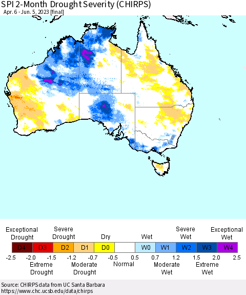 Australia SPI 2-Month Drought Severity (CHIRPS) Thematic Map For 4/6/2023 - 6/5/2023