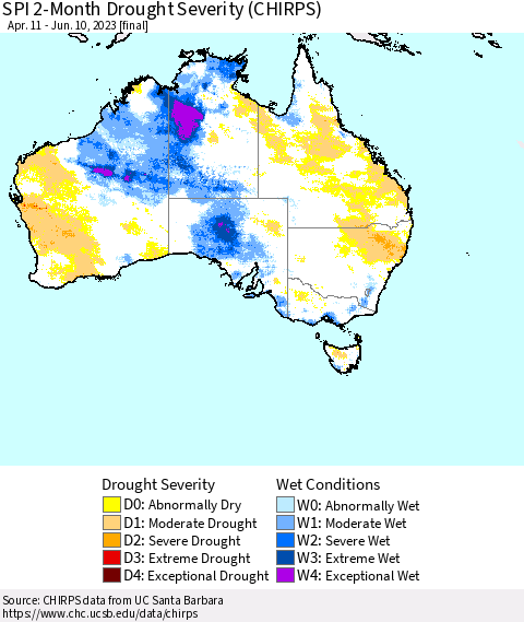 Australia SPI 2-Month Drought Severity (CHIRPS) Thematic Map For 4/11/2023 - 6/10/2023