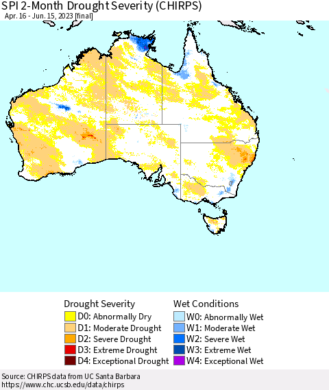 Australia SPI 2-Month Drought Severity (CHIRPS) Thematic Map For 4/16/2023 - 6/15/2023