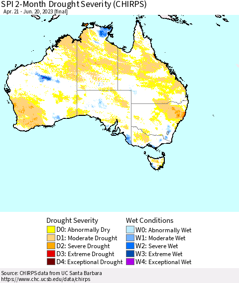 Australia SPI 2-Month Drought Severity (CHIRPS) Thematic Map For 4/21/2023 - 6/20/2023