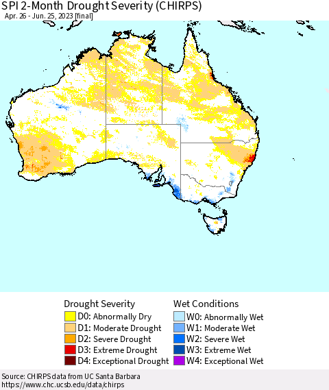 Australia SPI 2-Month Drought Severity (CHIRPS) Thematic Map For 4/26/2023 - 6/25/2023