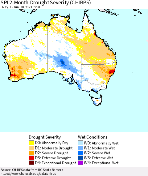 Australia SPI 2-Month Drought Severity (CHIRPS) Thematic Map For 5/1/2023 - 6/30/2023