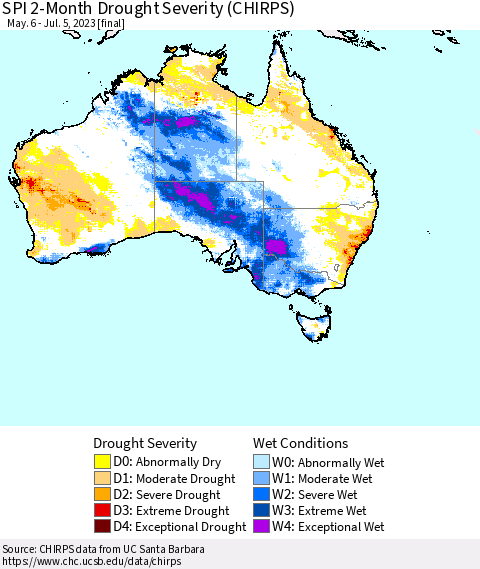 Australia SPI 2-Month Drought Severity (CHIRPS) Thematic Map For 5/6/2023 - 7/5/2023