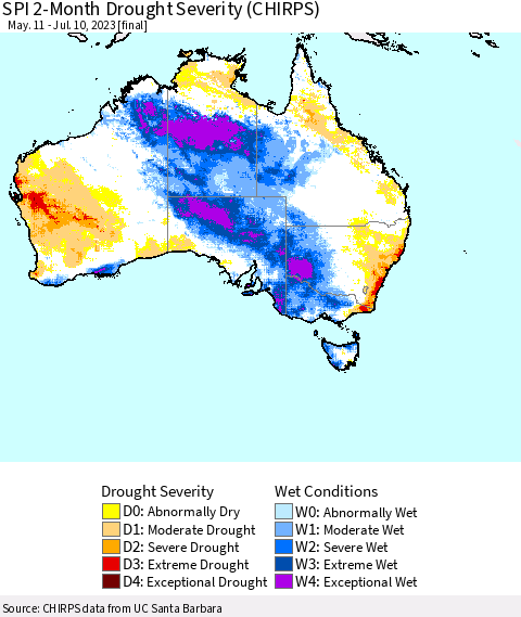 Australia SPI 2-Month Drought Severity (CHIRPS) Thematic Map For 5/11/2023 - 7/10/2023