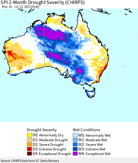 Australia SPI 2-Month Drought Severity (CHIRPS) Thematic Map For 5/16/2023 - 7/15/2023