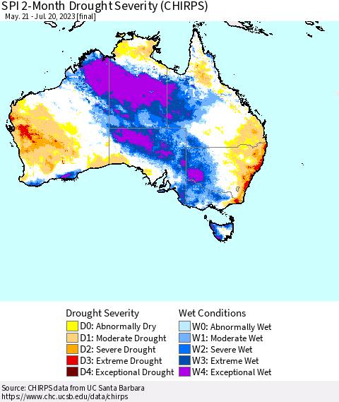 Australia SPI 2-Month Drought Severity (CHIRPS) Thematic Map For 5/21/2023 - 7/20/2023