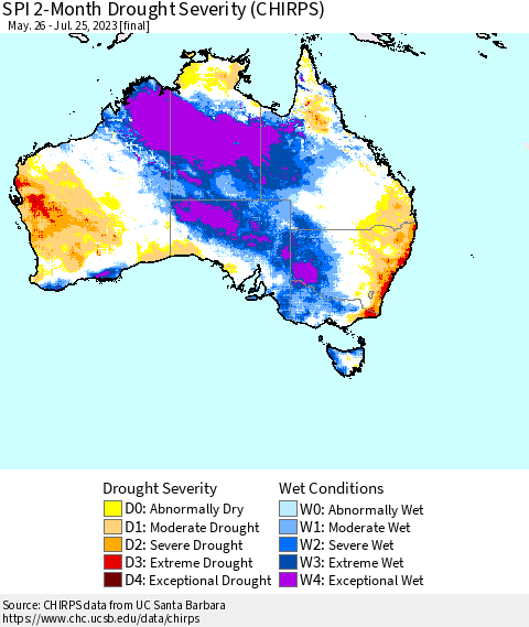 Australia SPI 2-Month Drought Severity (CHIRPS) Thematic Map For 5/26/2023 - 7/25/2023