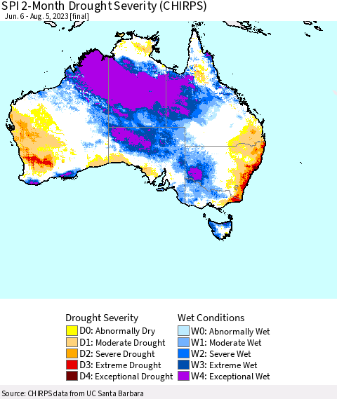 Australia SPI 2-Month Drought Severity (CHIRPS) Thematic Map For 6/6/2023 - 8/5/2023