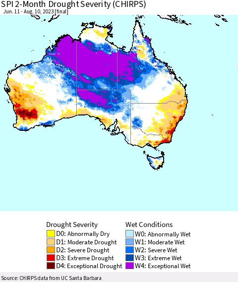 Australia SPI 2-Month Drought Severity (CHIRPS) Thematic Map For 6/11/2023 - 8/10/2023