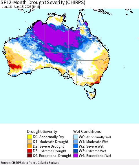 Australia SPI 2-Month Drought Severity (CHIRPS) Thematic Map For 6/16/2023 - 8/15/2023