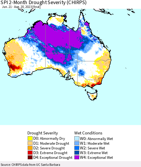 Australia SPI 2-Month Drought Severity (CHIRPS) Thematic Map For 6/21/2023 - 8/20/2023