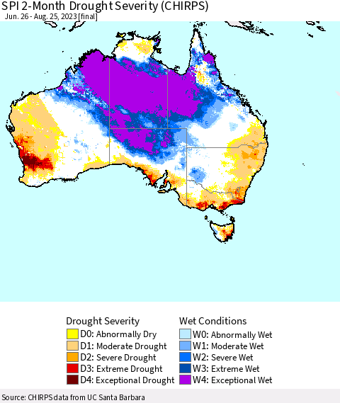 Australia SPI 2-Month Drought Severity (CHIRPS) Thematic Map For 6/26/2023 - 8/25/2023