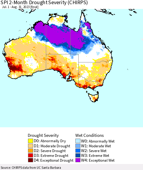 Australia SPI 2-Month Drought Severity (CHIRPS) Thematic Map For 7/1/2023 - 8/31/2023