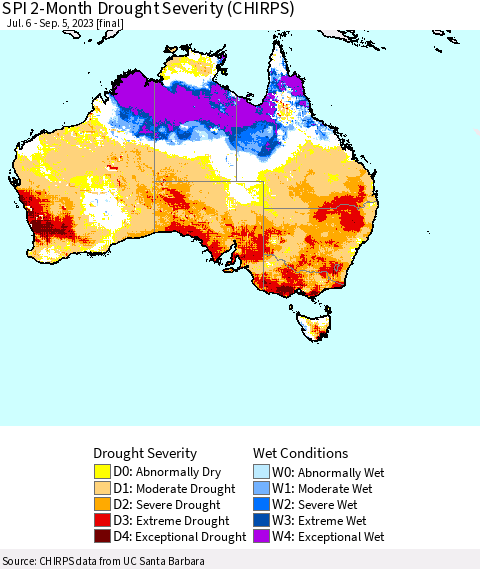 Australia SPI 2-Month Drought Severity (CHIRPS) Thematic Map For 7/6/2023 - 9/5/2023