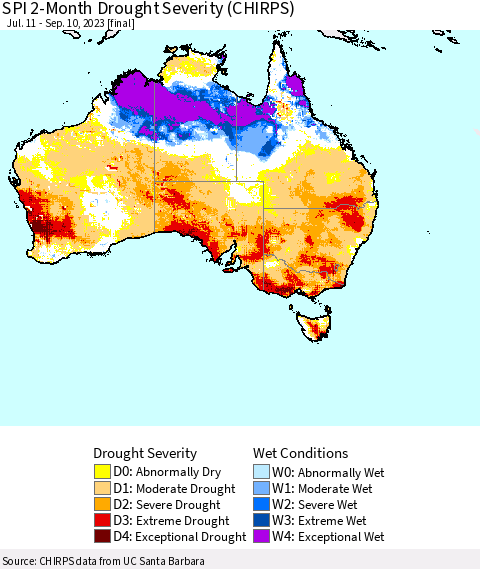 Australia SPI 2-Month Drought Severity (CHIRPS) Thematic Map For 7/11/2023 - 9/10/2023
