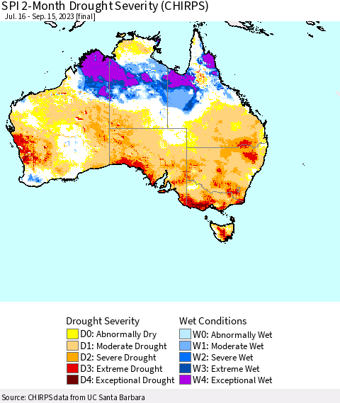 Australia SPI 2-Month Drought Severity (CHIRPS) Thematic Map For 7/16/2023 - 9/15/2023
