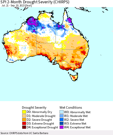Australia SPI 2-Month Drought Severity (CHIRPS) Thematic Map For 7/21/2023 - 9/20/2023