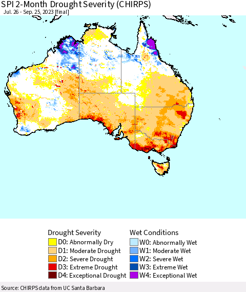 Australia SPI 2-Month Drought Severity (CHIRPS) Thematic Map For 7/26/2023 - 9/25/2023