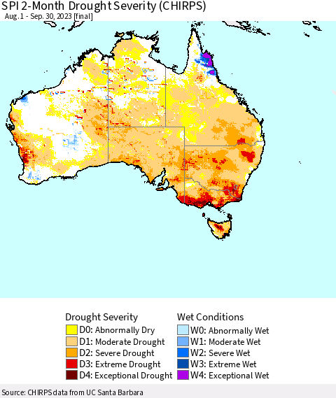 Australia SPI 2-Month Drought Severity (CHIRPS) Thematic Map For 8/1/2023 - 9/30/2023