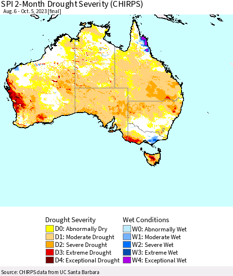 Australia SPI 2-Month Drought Severity (CHIRPS) Thematic Map For 8/6/2023 - 10/5/2023