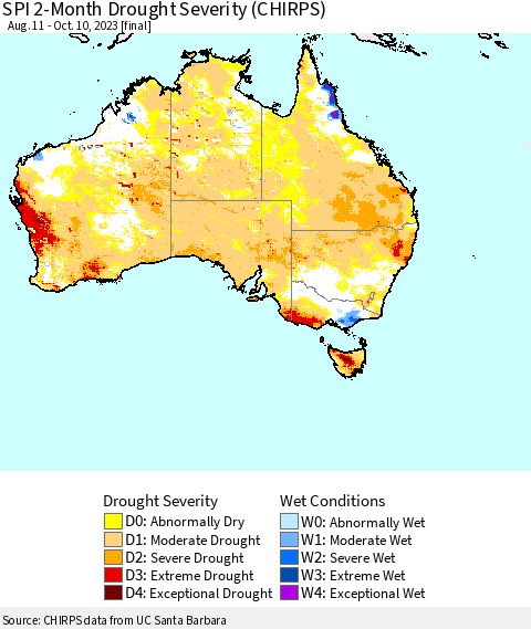 Australia SPI 2-Month Drought Severity (CHIRPS) Thematic Map For 8/11/2023 - 10/10/2023