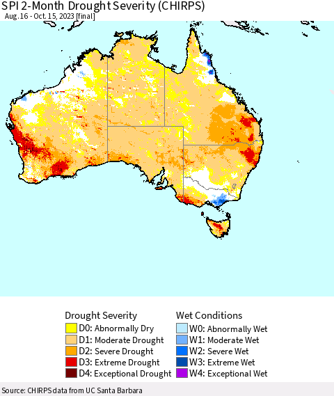 Australia SPI 2-Month Drought Severity (CHIRPS) Thematic Map For 8/16/2023 - 10/15/2023