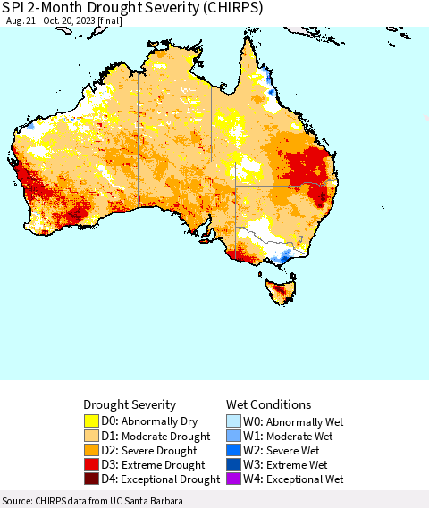 Australia SPI 2-Month Drought Severity (CHIRPS) Thematic Map For 8/21/2023 - 10/20/2023