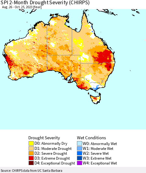 Australia SPI 2-Month Drought Severity (CHIRPS) Thematic Map For 8/26/2023 - 10/25/2023