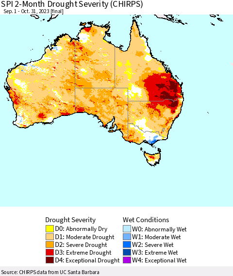 Australia SPI 2-Month Drought Severity (CHIRPS) Thematic Map For 9/1/2023 - 10/31/2023