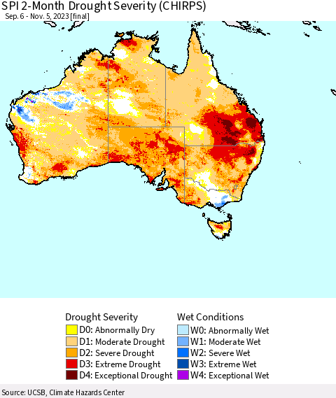 Australia SPI 2-Month Drought Severity (CHIRPS) Thematic Map For 9/6/2023 - 11/5/2023