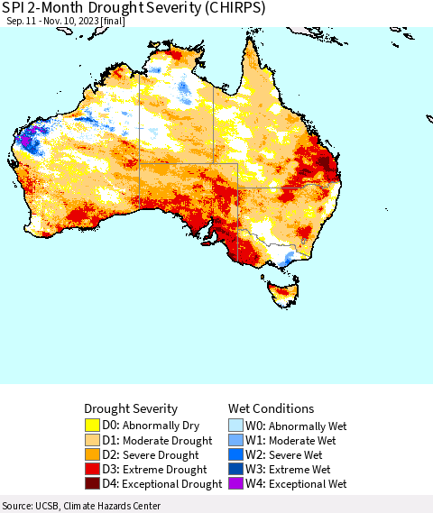Australia SPI 2-Month Drought Severity (CHIRPS) Thematic Map For 9/11/2023 - 11/10/2023