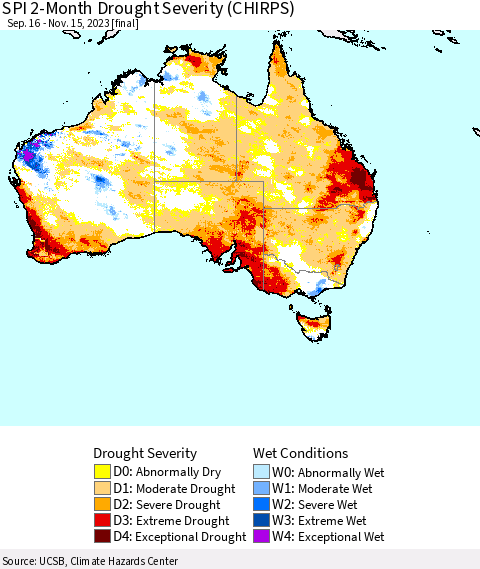 Australia SPI 2-Month Drought Severity (CHIRPS) Thematic Map For 9/16/2023 - 11/15/2023