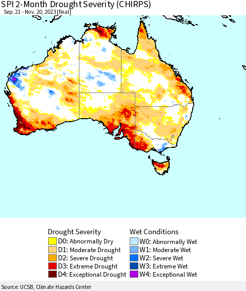Australia SPI 2-Month Drought Severity (CHIRPS) Thematic Map For 9/21/2023 - 11/20/2023
