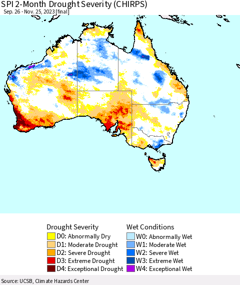 Australia SPI 2-Month Drought Severity (CHIRPS) Thematic Map For 9/26/2023 - 11/25/2023