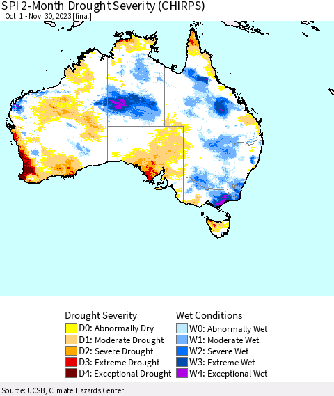 Australia SPI 2-Month Drought Severity (CHIRPS) Thematic Map For 10/1/2023 - 11/30/2023