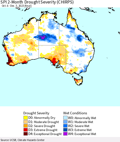 Australia SPI 2-Month Drought Severity (CHIRPS) Thematic Map For 10/6/2023 - 12/5/2023