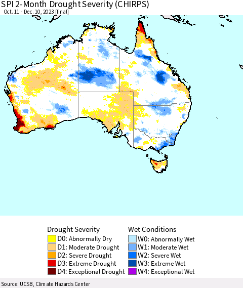 Australia SPI 2-Month Drought Severity (CHIRPS) Thematic Map For 10/11/2023 - 12/10/2023