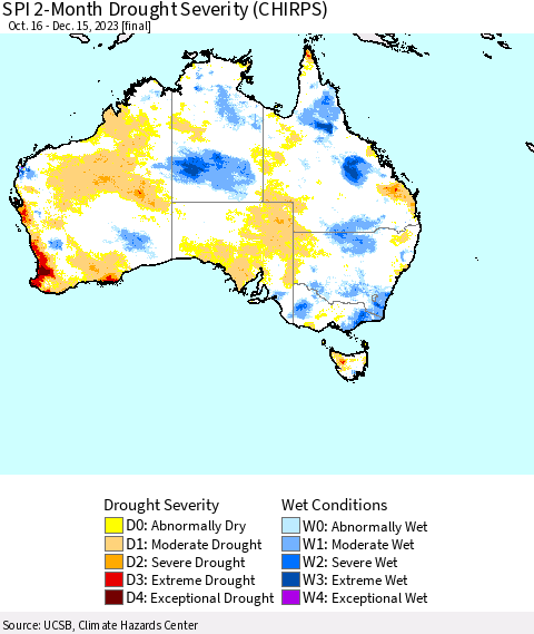 Australia SPI 2-Month Drought Severity (CHIRPS) Thematic Map For 10/16/2023 - 12/15/2023