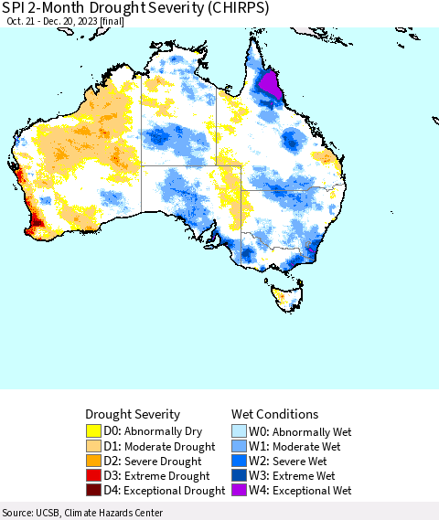 Australia SPI 2-Month Drought Severity (CHIRPS) Thematic Map For 10/21/2023 - 12/20/2023
