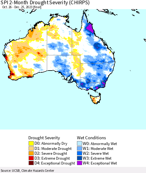 Australia SPI 2-Month Drought Severity (CHIRPS) Thematic Map For 10/26/2023 - 12/25/2023